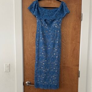 Paris Sunday Elegant Blue Lace Off-Shoulder Dress vintage XS